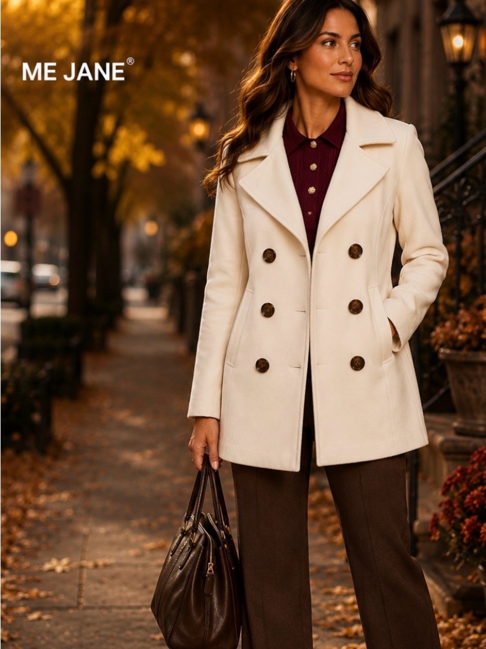 ME JANE Ivory Double Breasted Peacoat Jacket Size M NWT